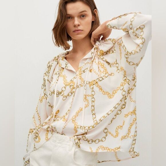 Mango Flowy Blouse Chains Ecru New - Picture 1 of 8